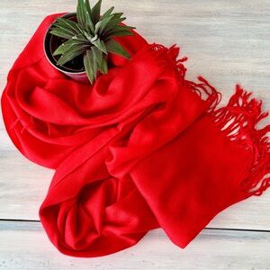 Soft Bright Red Pashmina Scarf with Fringe. One Size.